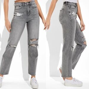 American Eagle Highest Rise 90s Boyfriend Gray Denim Jeans Distressed Size 10